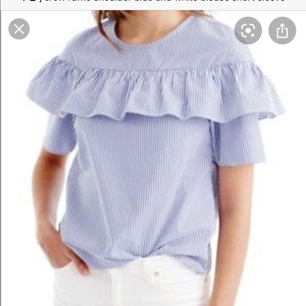J. Crew Blue and White Striped Ruffle-Trim Blouse